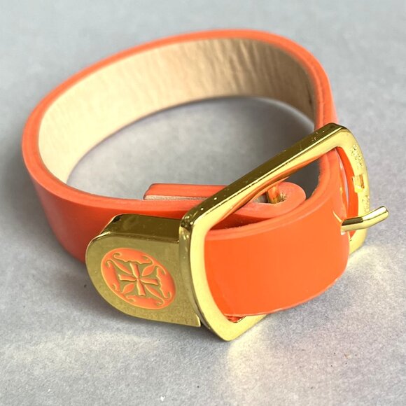 Rustic Cuff Orange Patent Leather Buckle Logo Adjustable Bracelet - Picture 1 of 2